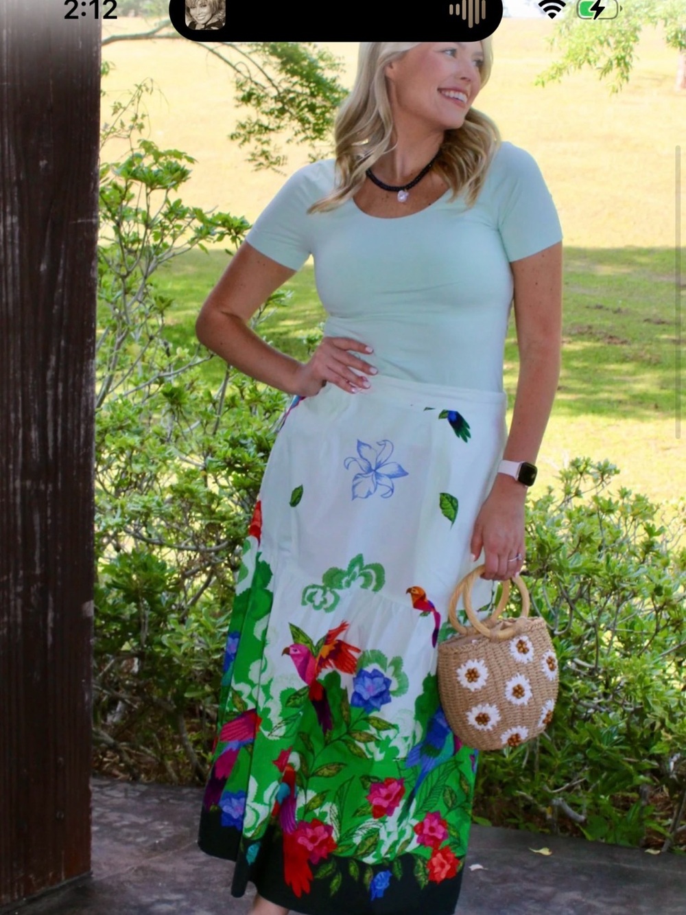 Floral Border Maxi Skirt in White and Green